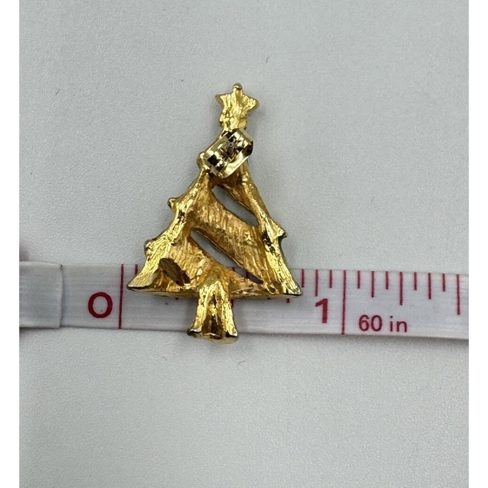 Vintage Gold Tone Green Christmas Tree Post Earrings Red Clear Rhinestones - Picture 6 of 7
